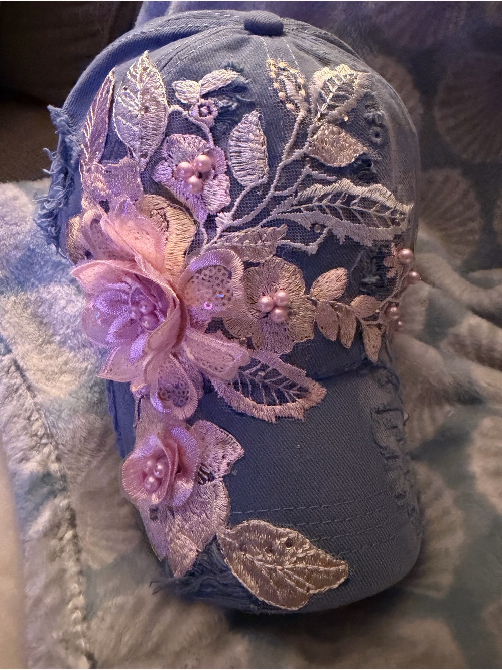 Embellished Floral Appliqué Baseball Cap - Pink on Blue